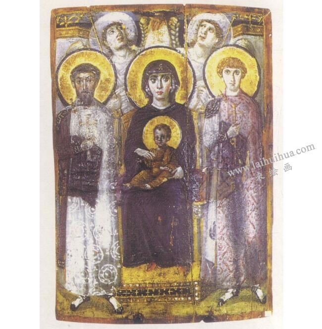 圣像画《圣狄奥多尔和圣乔治在侧的宝座上的圣母子》高清大图
