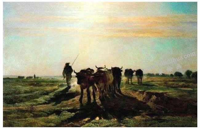 康斯坦•特罗扬《去耕作的牛群》名画高清大图