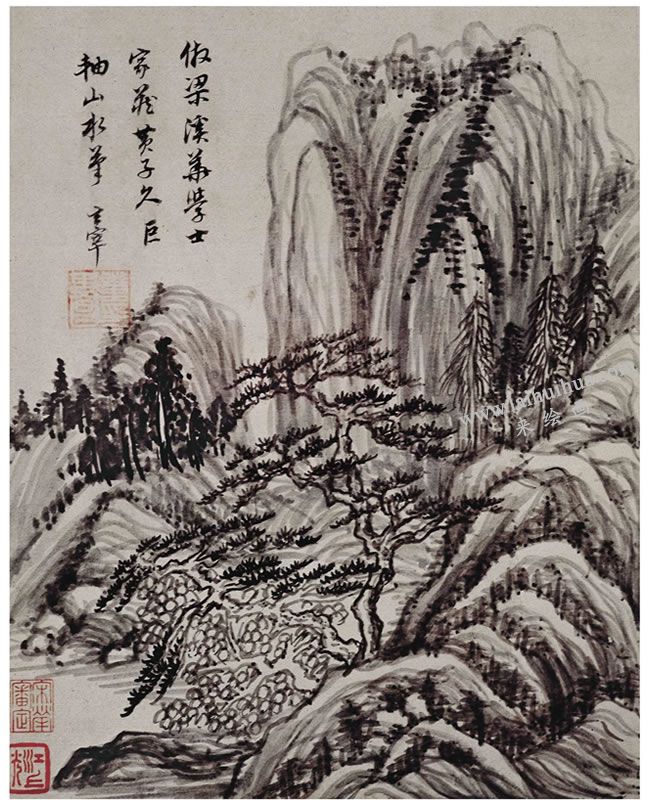 董其昌《山水册》高清大图之一，纸本、设色，24.7X19.8cm，北京故宫博物院藏