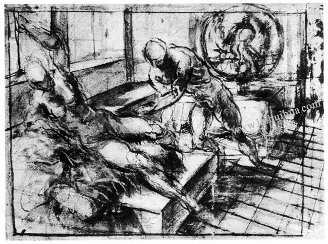 丁托雷托《乌尔卡努斯和维纳斯》素描作品高清大图