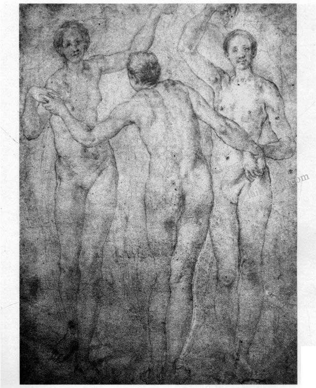 蓬托莫《为三美神作的习作》素描作品高清大图