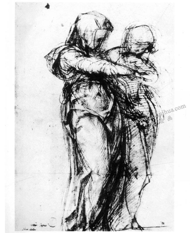 蓬托莫《走步的两女性》素描作品高清大图