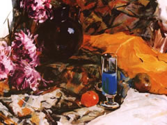 《瓷罐与紫菊花》水粉画作品