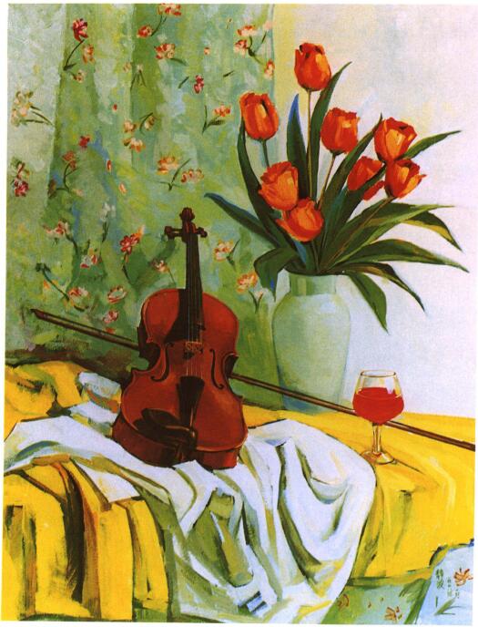 《阳光下的小提琴与红色郁金香》水粉画作品