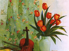 《阳光下的小提琴与红色郁金香》水粉画