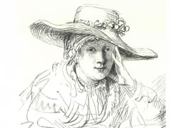 伦勃朗《戴帽子微信的年轻女子》经典素描作品大图