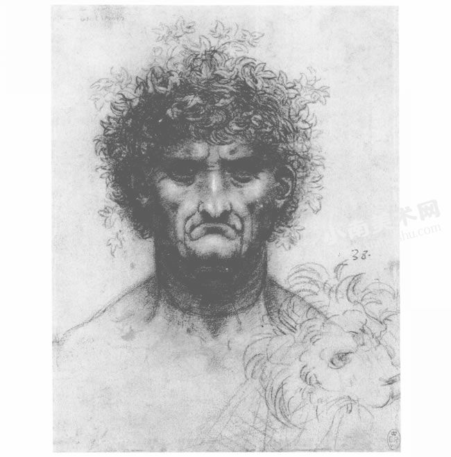 达芬奇《男人肖像和狮子头部速写》经典素描高清大图