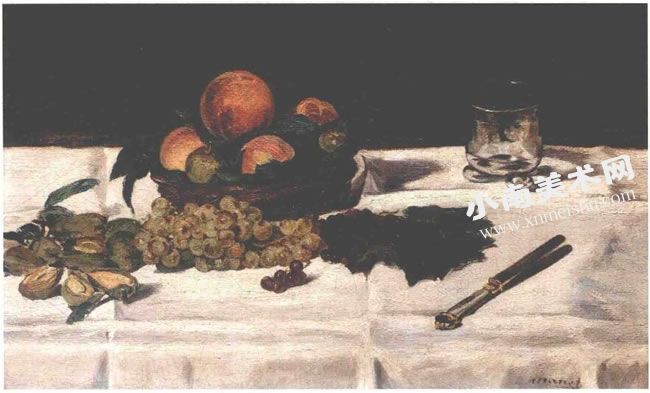 马奈《有桃子和葡萄的静物》油画作品高清大图