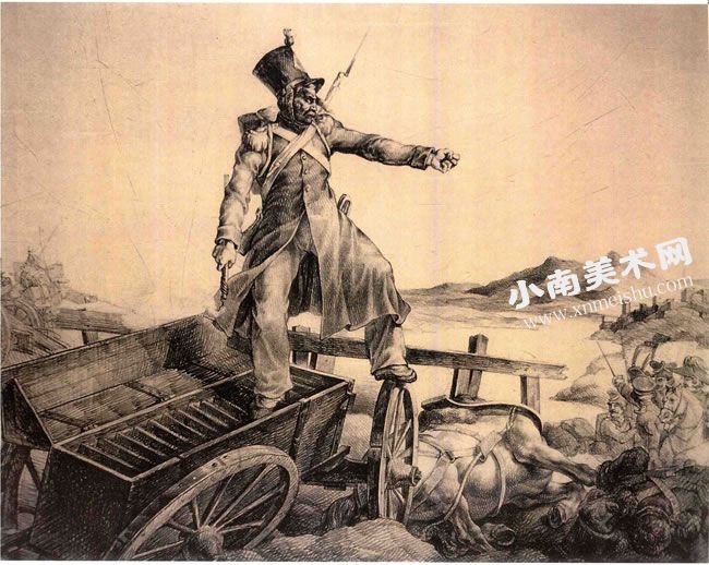 泰奥多尔•籍里柯《站在弹药箱上的士兵》素描作品高清大图