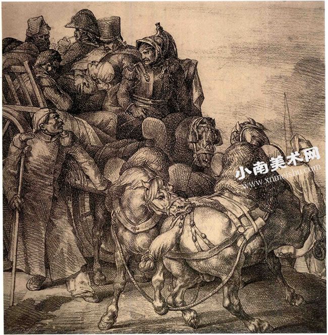 泰奥多尔•籍里柯《载着伤兵的马车》素描作品高清大图