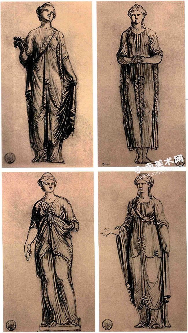 弗拉戈纳尔《八个女子雕像的草图》素描作品高清大图02
