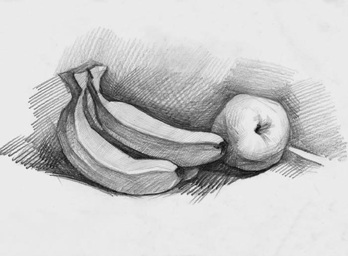 素描香蕉和苹果