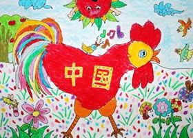 火红的公鸡（中国）儿童油棒画