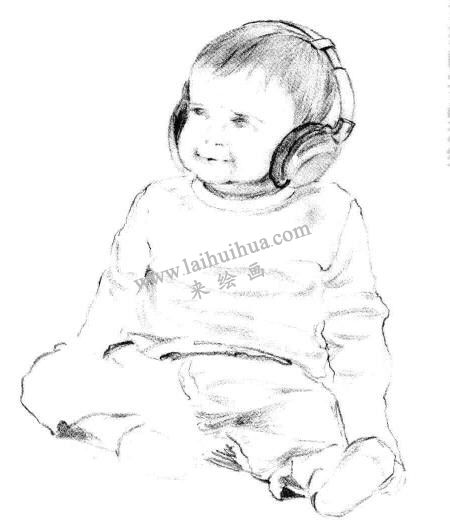 素描戴耳机的小男孩画法步骤 三