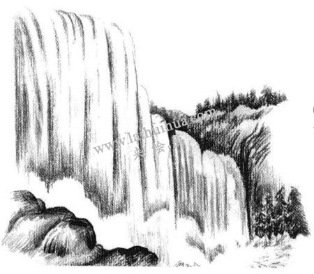 瀑布的素描画图片