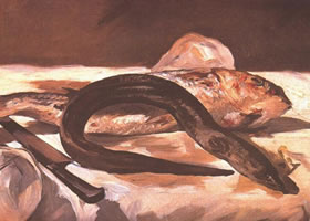 《鳗龟和红鳟鱼》静物油画