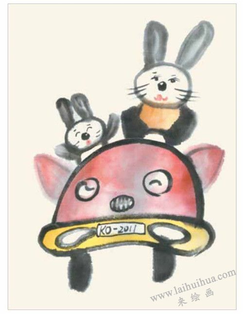 小兔开车儿童国画画法 步骤三