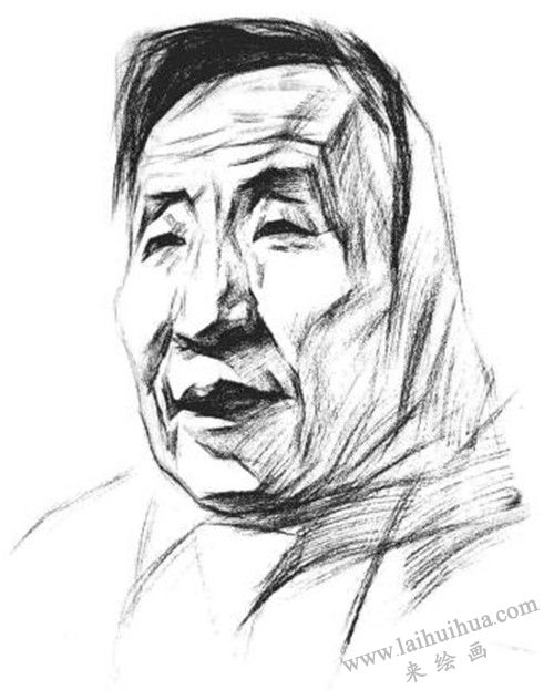 素描戴围巾的老年女子肖像画法步骤 四