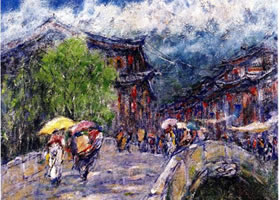 丽江古城油画