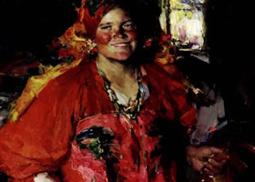 阿尔西波夫《拿水罐的农家女》人物油画