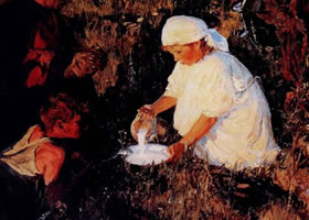 普拉斯托夫《拖拉机手的晚餐》人物油画