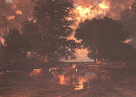 《橡树旁的池塘》油画