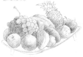 水果拼盘的素描画法步骤01，铺大色