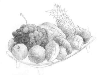 水果拼盘的素描画法步骤02，铺大色