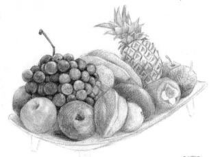 水果拼盘的素描画法步骤04，逐个细化