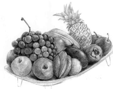 水果拼盘的素描画法步骤08，逐个细化