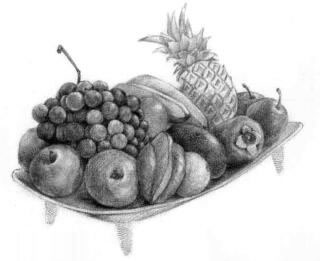 水果拼盘的素描画法步骤09，逐个细化