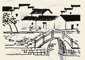 南湖桥影儿童国画