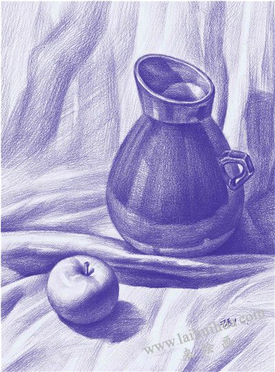陶罐与苹果素描