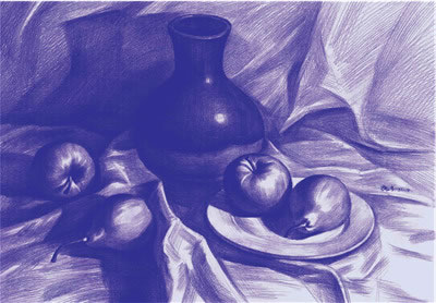 《瓷瓶与水果》素描