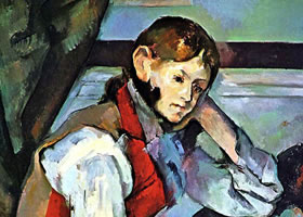 法国塞尚《穿红色的背心的男孩》绘画作品