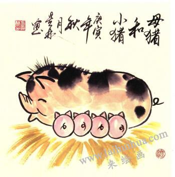母猪和小猪儿童水墨画画法步骤05