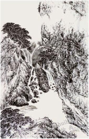 勾线法01，水墨山水画流泉、瀑布的画法