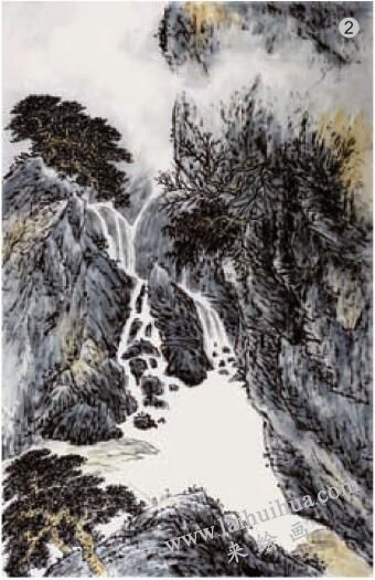 勾线法02，水墨山水画流泉、瀑布的画法