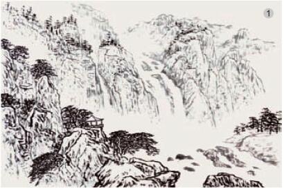 勾皴法01，水墨山水画流泉、瀑布的画法