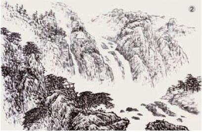 勾皴法02，水墨山水画流泉、瀑布的画法