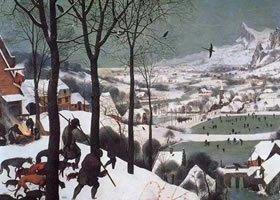 世界名画《雪中猎人》板上油画