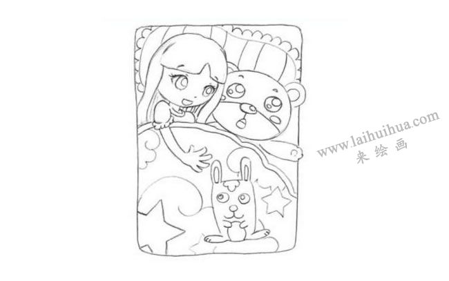 小女孩抱着兔子玩具睡觉创意素描画法步骤02