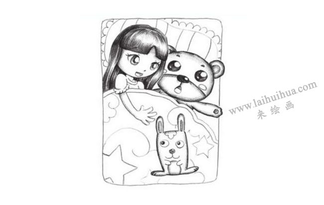 小女孩抱着兔子玩具睡觉创意素描画法步骤03