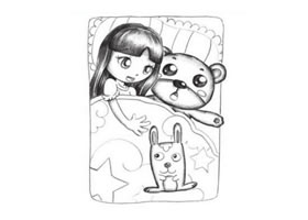 小女孩抱着兔子玩具睡觉创意素描画法