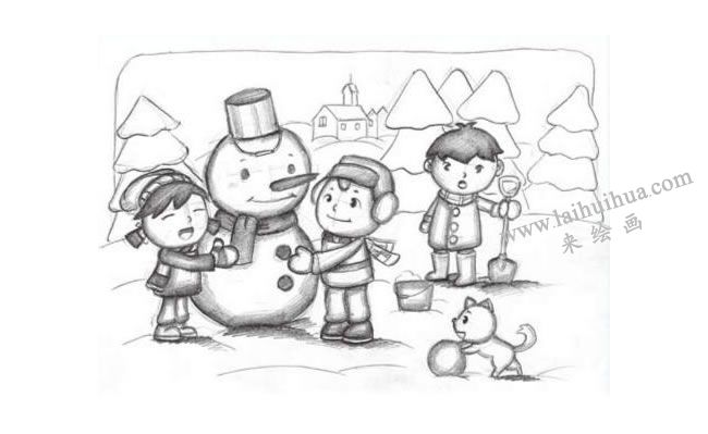 雪人（堆雪人）创意素描绘画步骤03