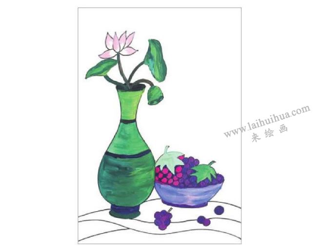 静物组合花瓶和果盘水粉画作画步骤03