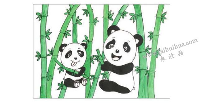 熊猫吃竹子水粉画作画步骤03