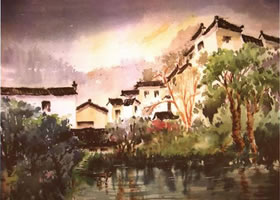 《宏村一角》水彩风景画的写生步骤与方法