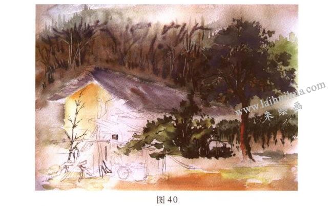 《林场小屋》风景水彩画的写生步骤04