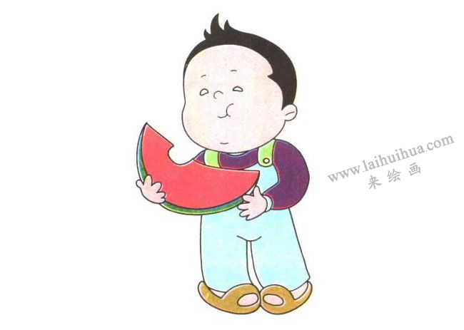 吃西瓜的胖胖儿童卡通画